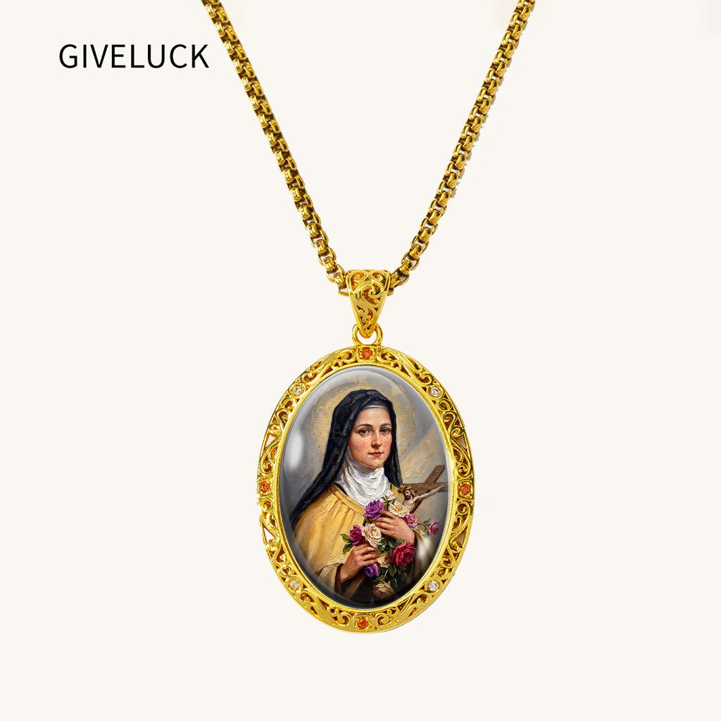 Saint Therese Little Flower Necklace, 18K Gold Plated Enamel Pendant, Zircon Accents