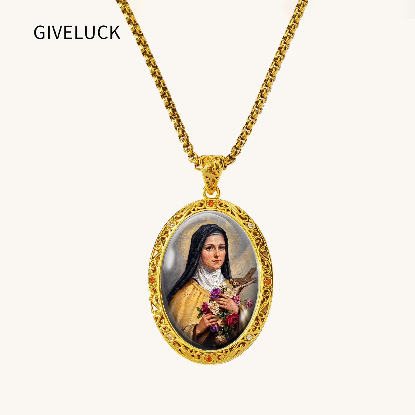 Saint Therese Little Flower Necklace, 18K Gold Plated Enamel Pendant, Zircon Accents