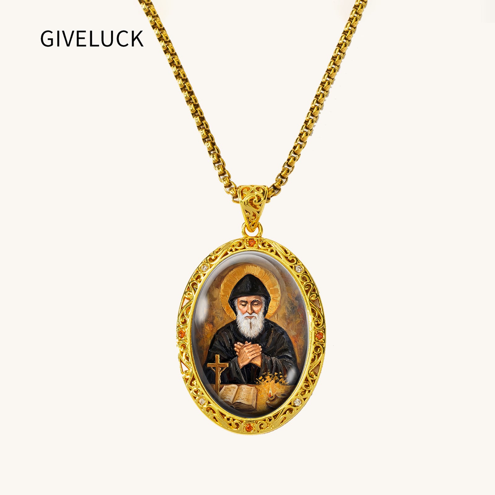 GIVELUCK 18k Plated Gold Catholic Saint Charbel Devotional Medal Enamel Pendant Necklace