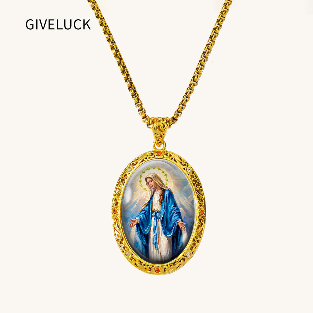 GIVELUCK 18k Plated Gold Pendant Necklace Enamel Eternal Halo Miraculous Medal for Women and Men