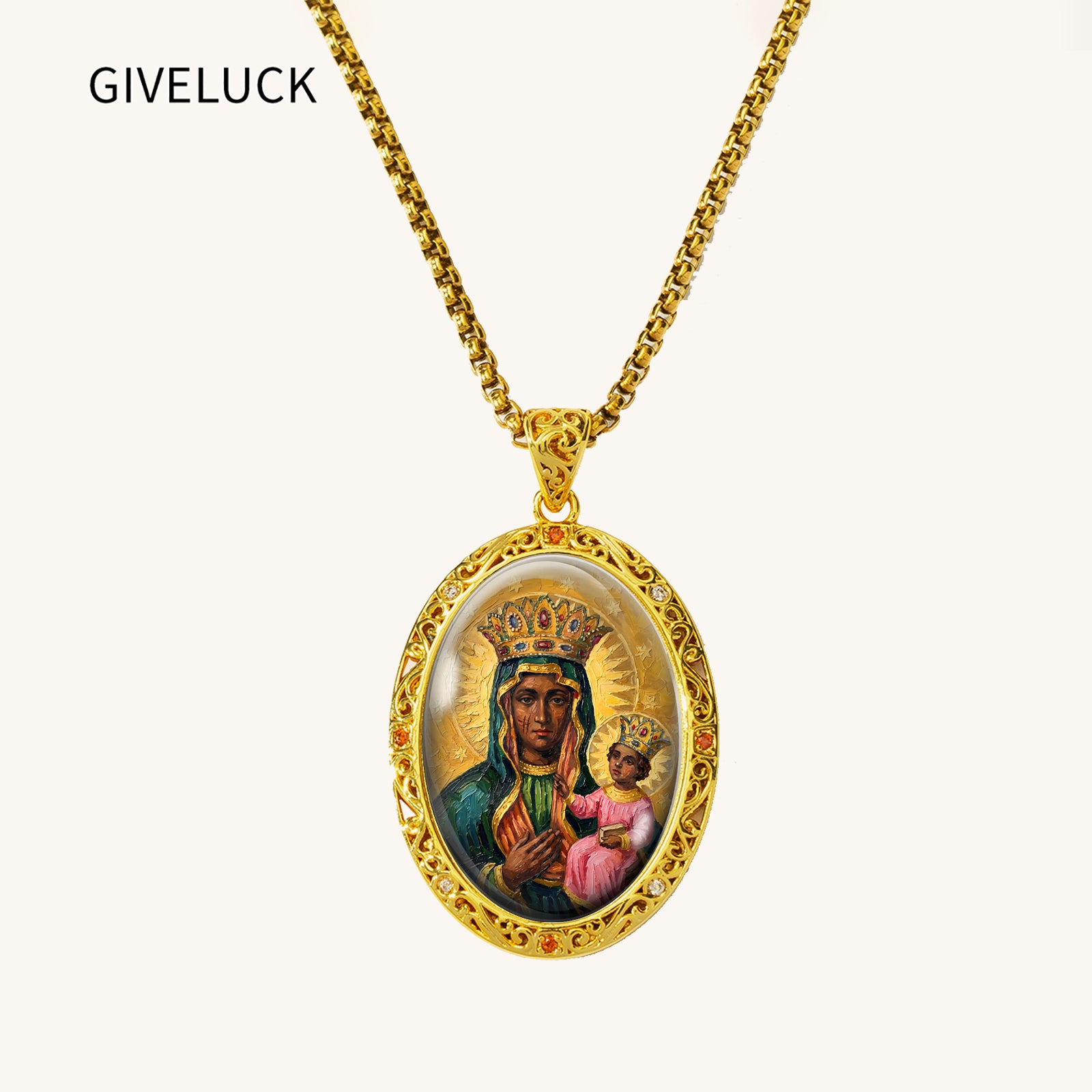 Black Madonna Enamel Pendant Necklace, 18K Gold Plated Virgin Mary Religious Jewelry