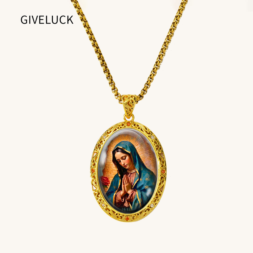 GIVELUCK 18K Gold Plated Our Lady of Guadalupe Necklace for Women, Authentic Vitreous Enamel Virgin Mary Pendant, Catholic Protection Jewelry Gift
