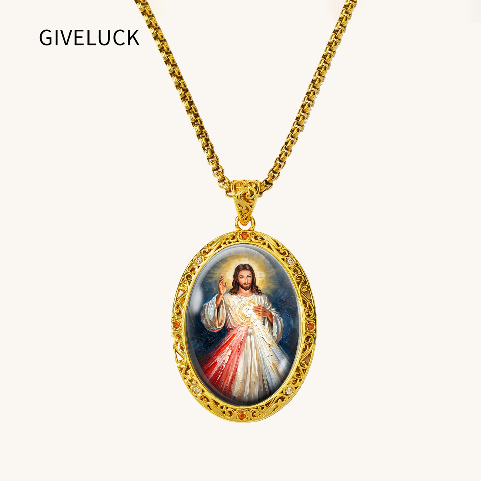 Divine Mercy Jesus Necklace, 18K Gold Plated Enamel Pendant, Zircon Accents Catholic Jewelry