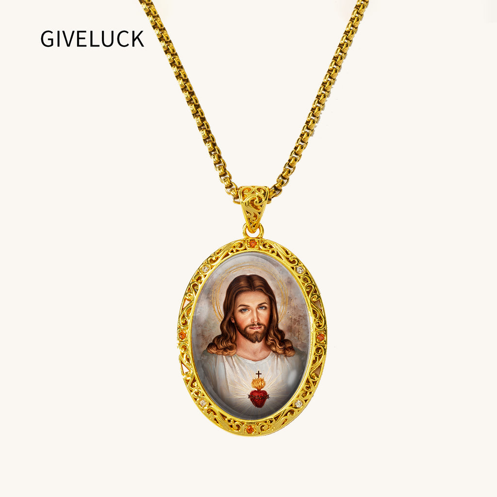 18K Gold Plated Sacred Heart Jesus Pendant Necklace, Enamel Catholic Jewelry with Zircon Accents