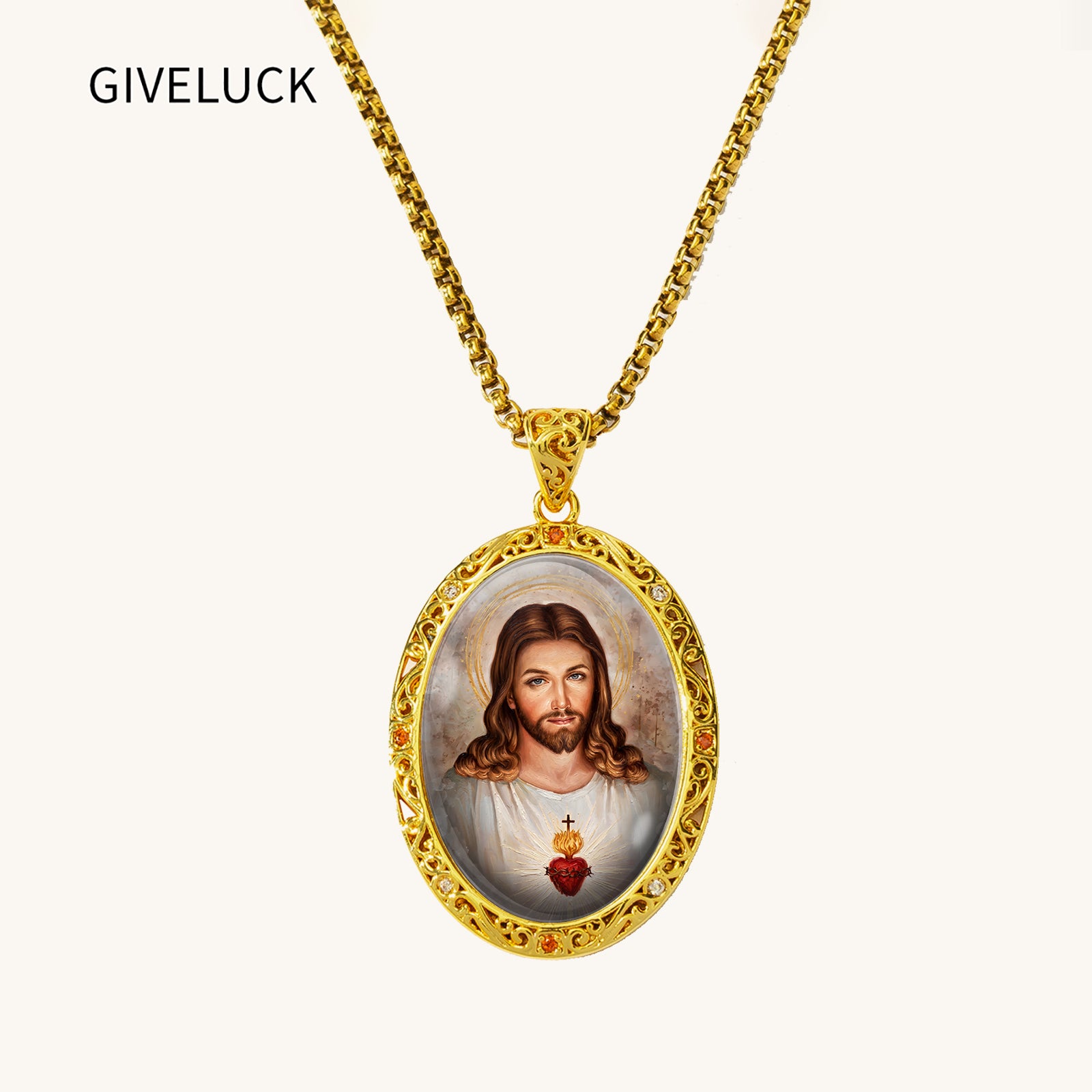 18K Gold Plated Sacred Heart Jesus Pendant Necklace, Enamel Catholic Jewelry with Zircon Accents