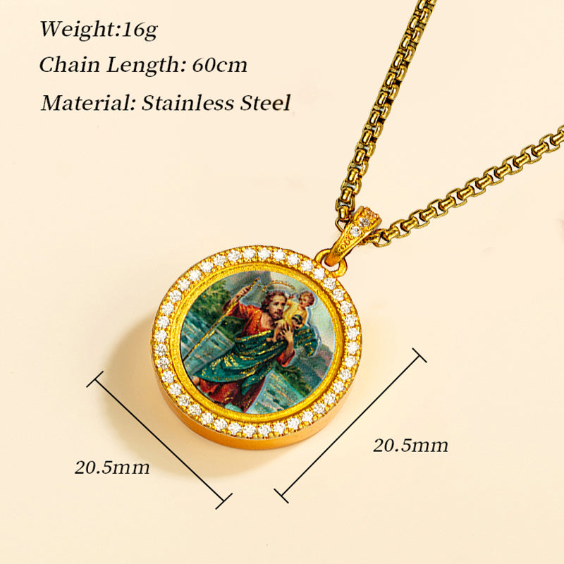 GIVELUCK 18k Plated Gold Zircon Pendant Catholic St. Benedict Devotional Medal Cameo Embossing Pendant Necklace