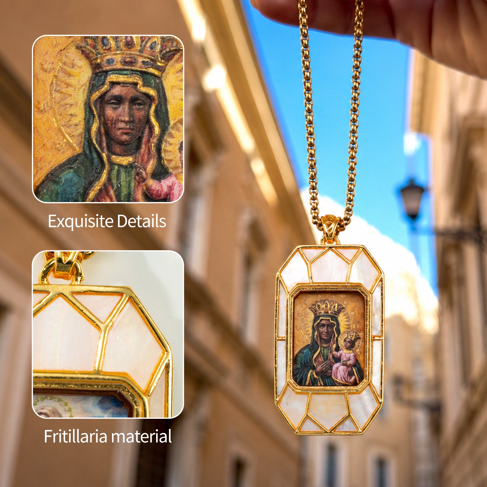 Divine Mercy Jesus Pendant Necklace, 18K Gold Plated, Turquoise or Mother of Pearl Inlay