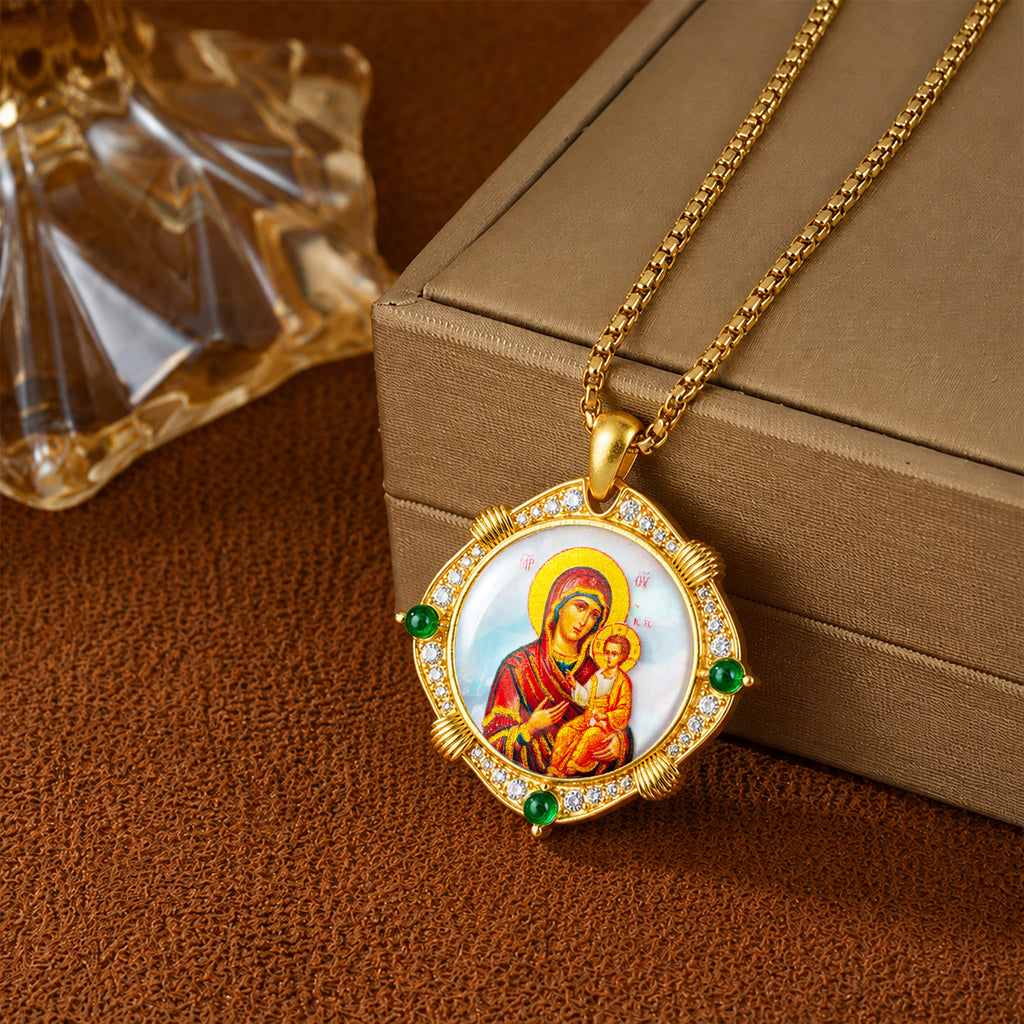 Theotokos of Kazan Mother of Pearl Oval Pendant Necklace, Orthodox Christian Icon Jewelry
