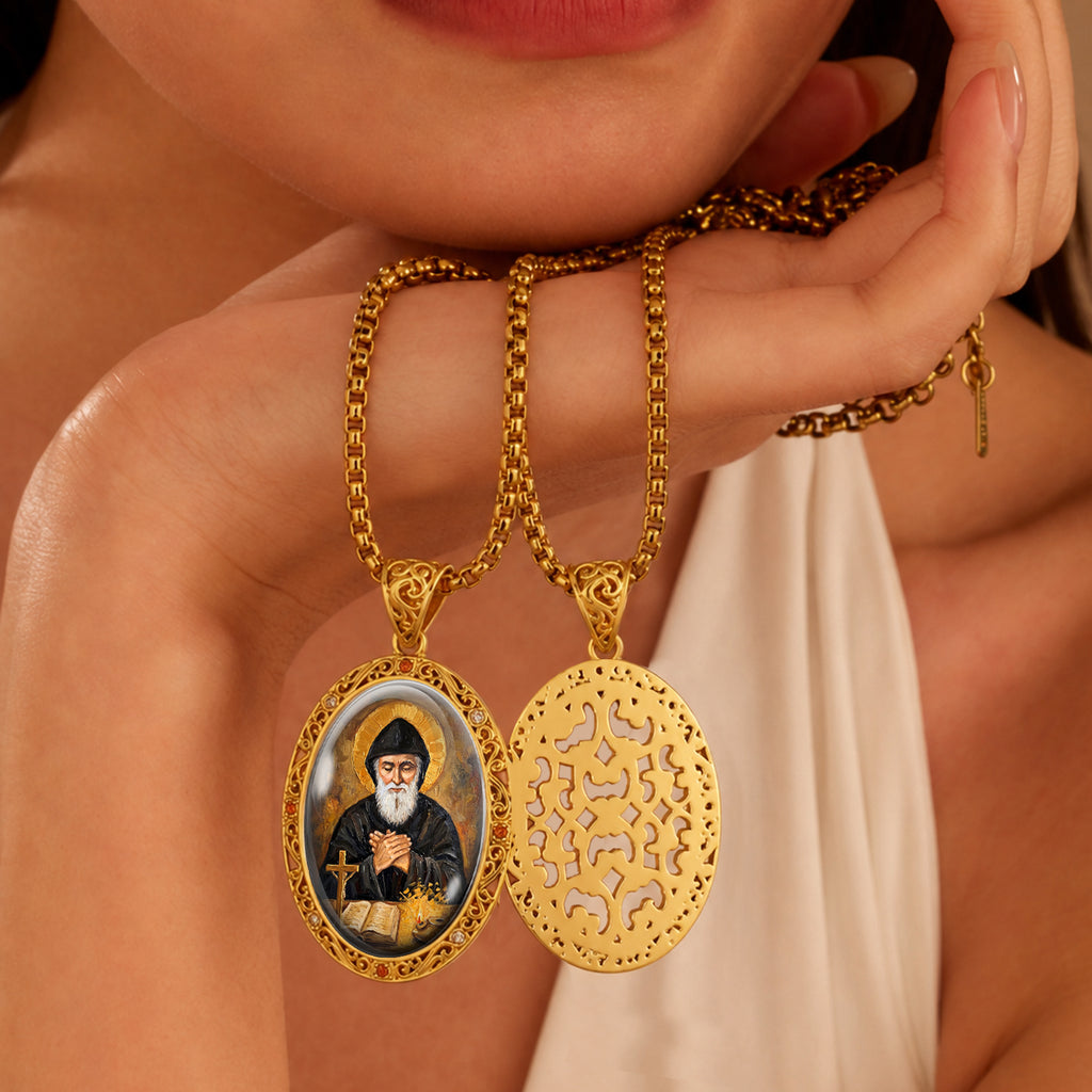 GIVELUCK 18k Plated Gold Catholic Saint Charbel Devotional Medal Enamel Pendant Necklace