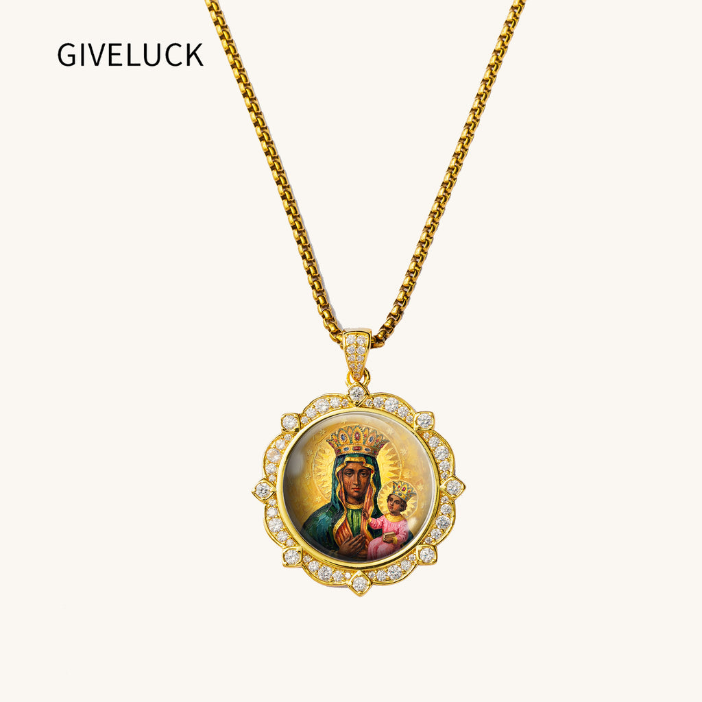 Black Madonna Enamel Pendant Necklace, 18K Gold Plated Virgin Mary Religious Jewelry