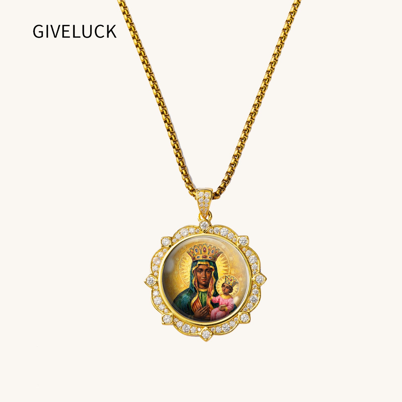 Black Madonna Enamel Pendant Necklace, 18K Gold Plated Virgin Mary Religious Jewelry
