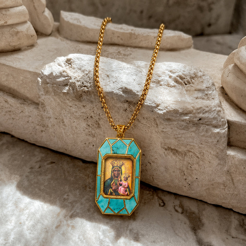 Black Madonna Necklace, Hand-Painted Virgin Mary Pendant, 18K Gold Plated, Turquoise Inlay