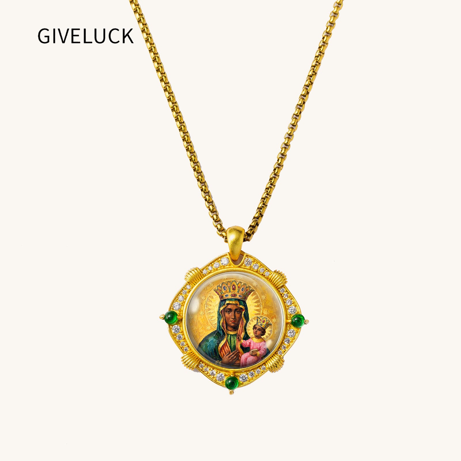 Black Madonna Enamel Pendant Necklace, 18K Gold Plated Virgin Mary Religious Jewelry