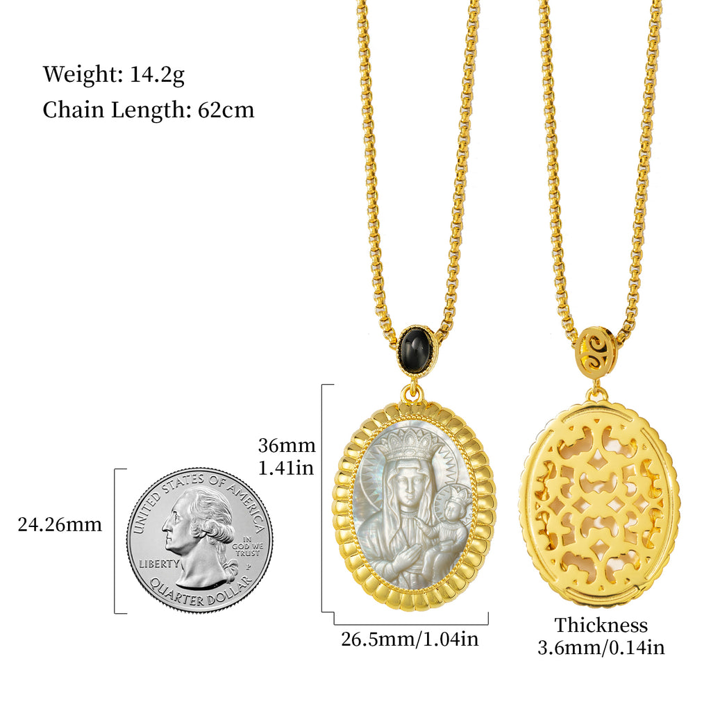 Black Madonna Mother of Pearl Cameo Pendant, 18K Gold Plated Virgin Mary Necklace
