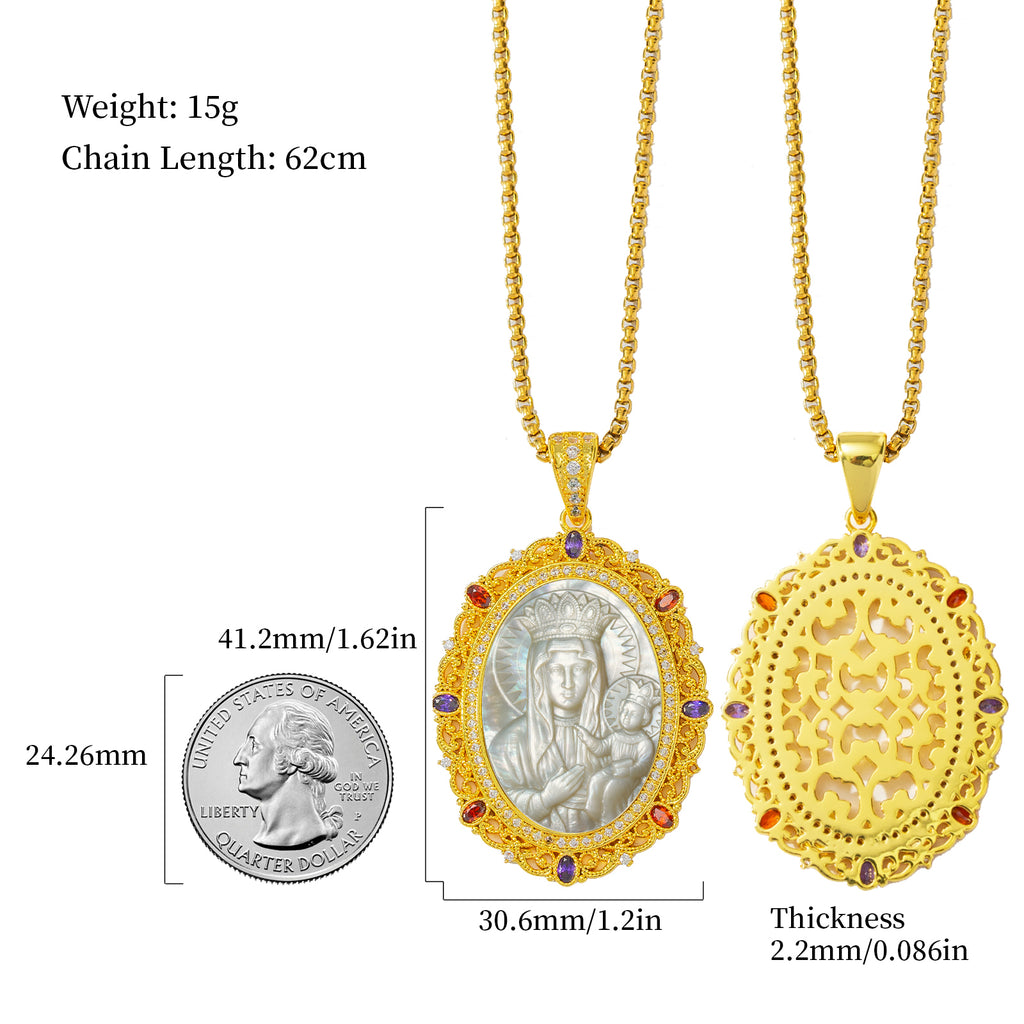 Black Madonna Mother of Pearl Cameo Pendant, 18K Gold Plated Virgin Mary Necklace