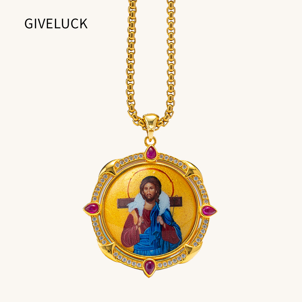 GIVELUCK 18k Plated Gold Pendant Necklace Enamel the Good Shepherd Jesus Christ Ruby Devotional Medal for Men and Women