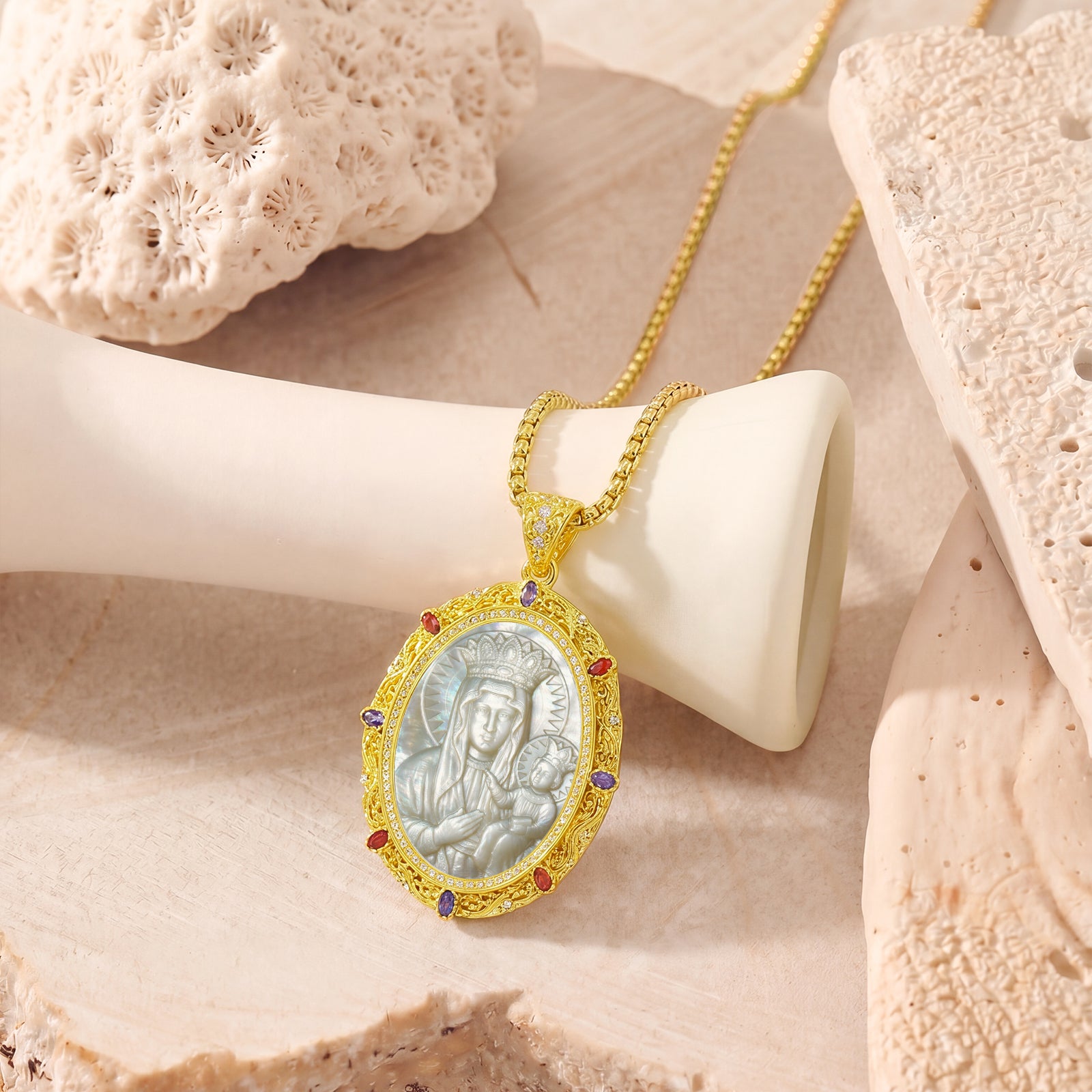 Black Madonna Mother of Pearl Cameo Pendant, 18K Gold Plated Virgin Mary Necklace