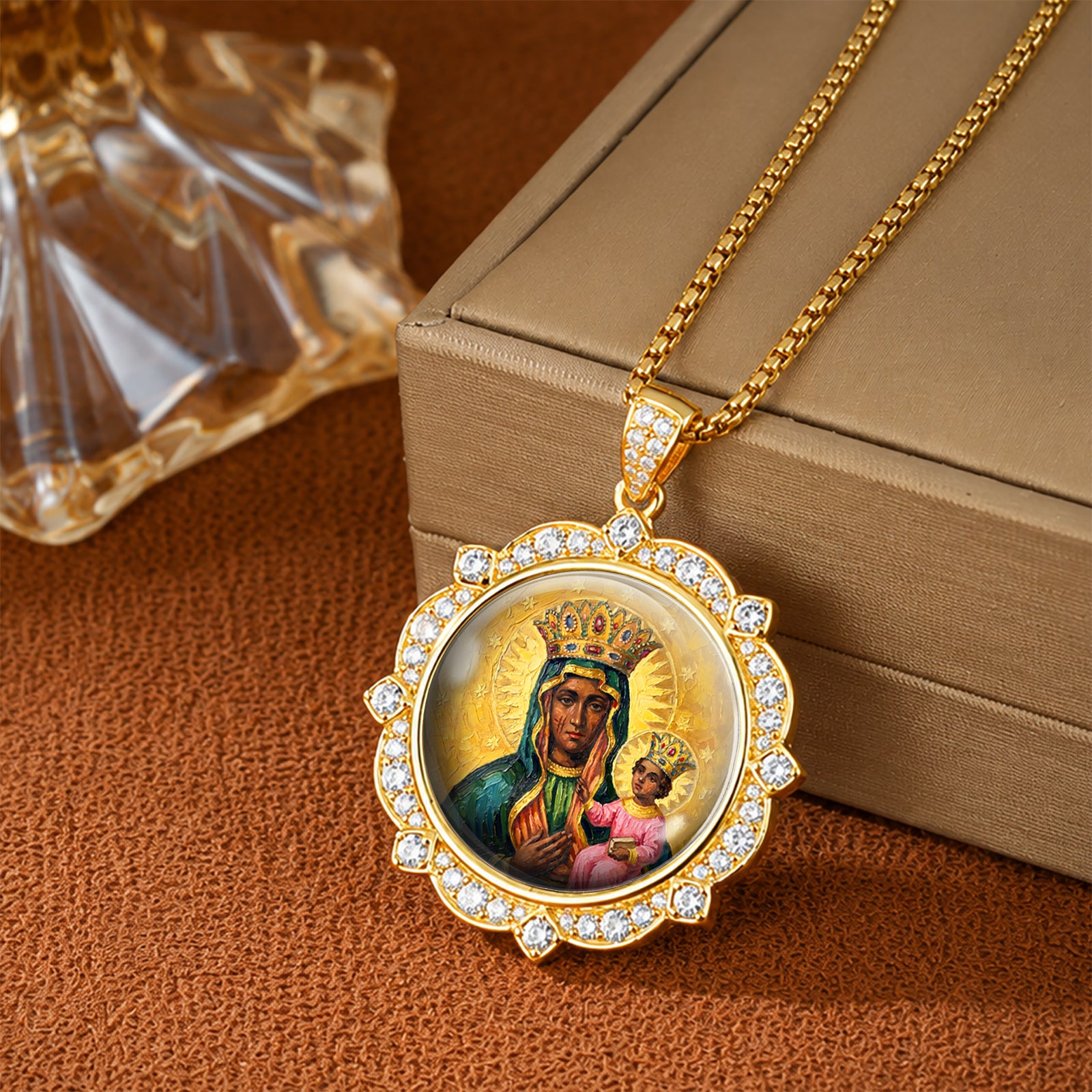Black Madonna Enamel Pendant Necklace, 18K Gold Plated Virgin Mary Religious Jewelry