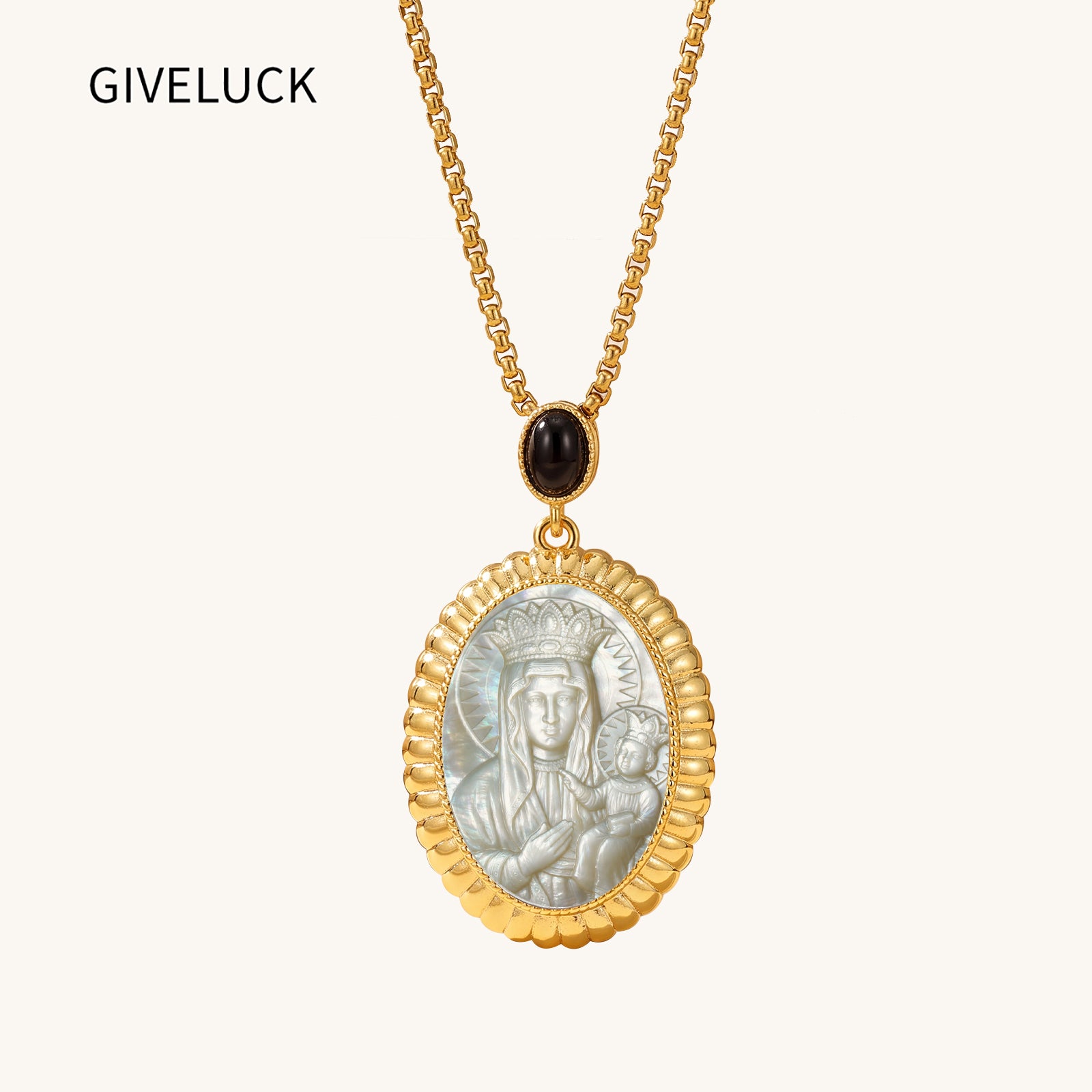 Black Madonna Mother of Pearl Cameo Pendant, 18K Gold Plated Virgin Mary Necklace