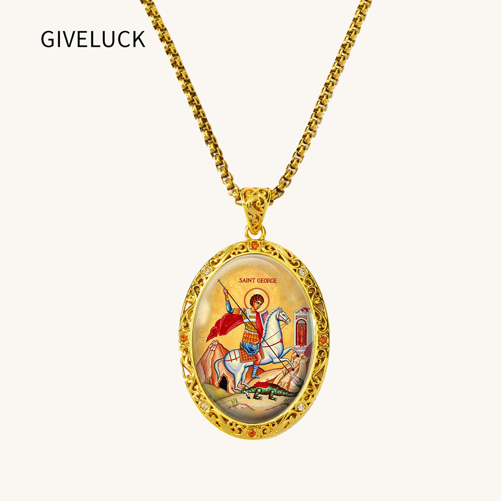 Saint George Medal Necklace, 18K Gold Plated Enamel Pendant, Catholic Christian Jewelry