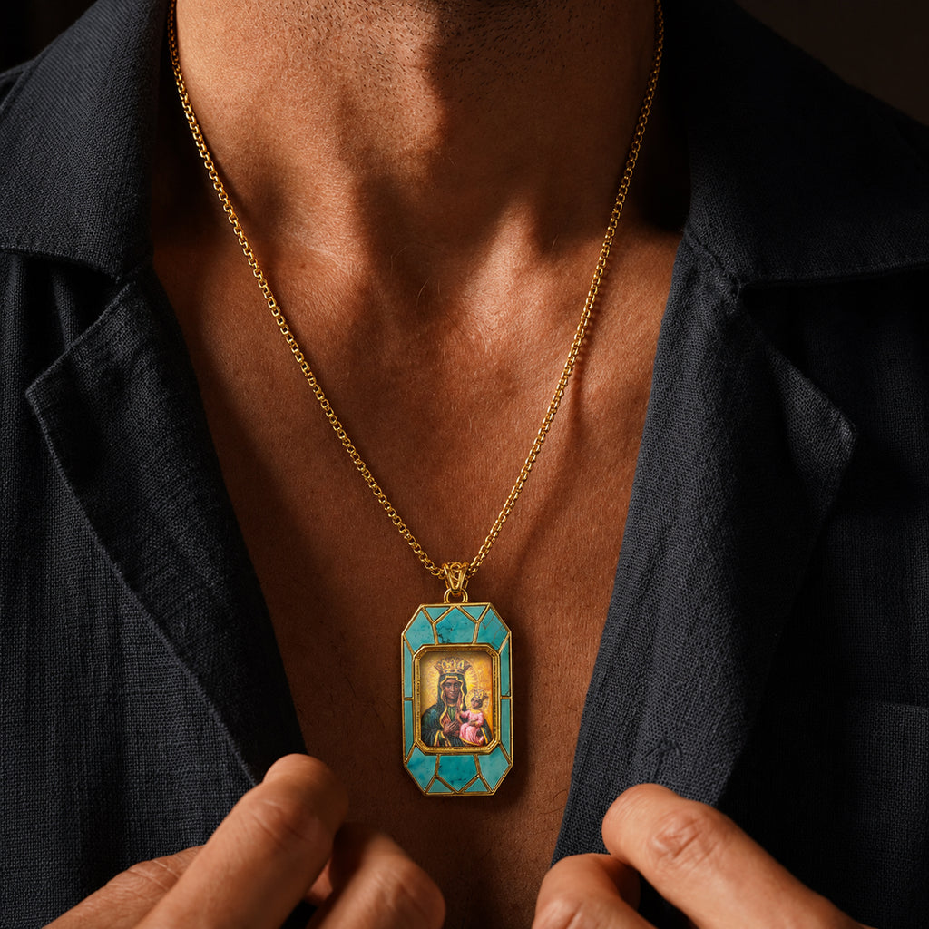Black Madonna Necklace, Hand-Painted Virgin Mary Pendant, 18K Gold Plated, Turquoise Inlay