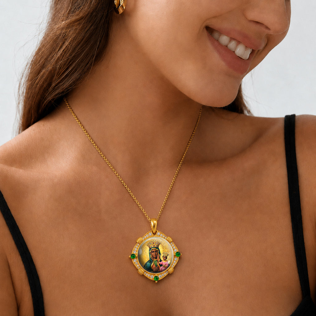 Black Madonna Enamel Pendant Necklace, 18K Gold Plated Virgin Mary Religious Jewelry
