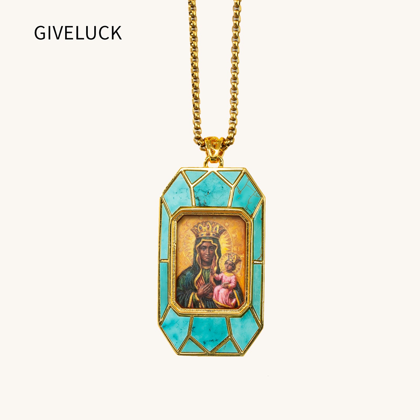 Black Madonna Necklace, Hand-Painted Virgin Mary Pendant, 18K Gold Plated, Turquoise Inlay