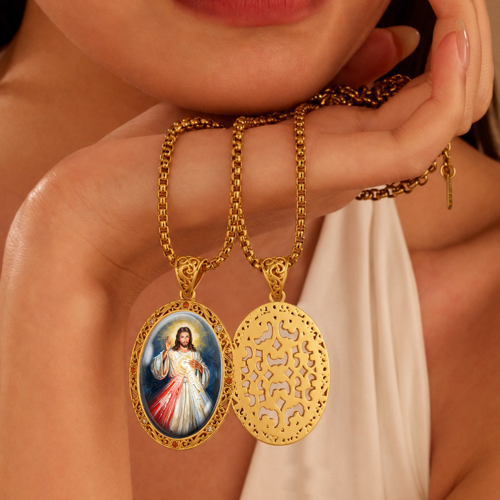 Divine Mercy Jesus Necklace, 18K Gold Plated Enamel Pendant, Zircon Accents Catholic Jewelry