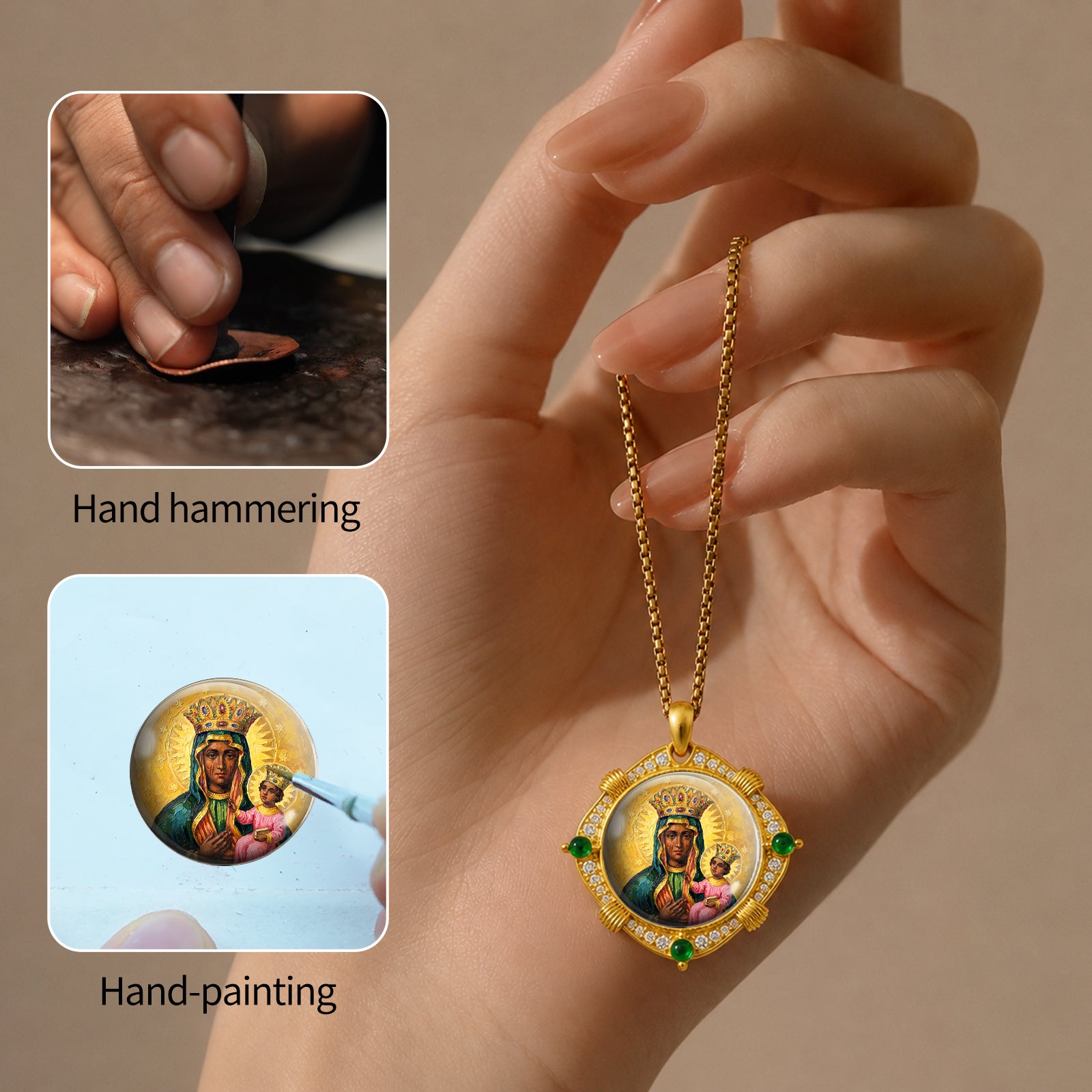 Black Madonna Enamel Pendant Necklace, 18K Gold Plated Virgin Mary Religious Jewelry