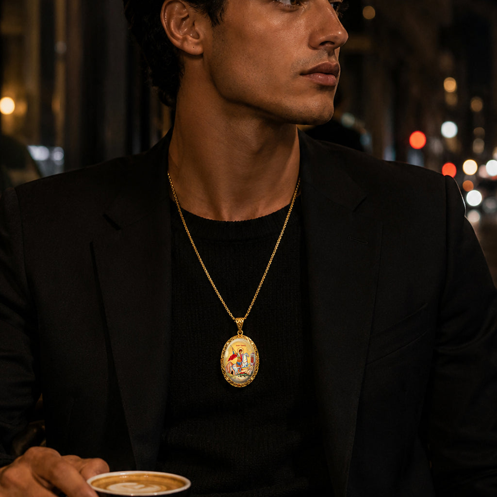 Saint George Medal Necklace, 18K Gold Plated Enamel Pendant, Catholic Christian Jewelry
