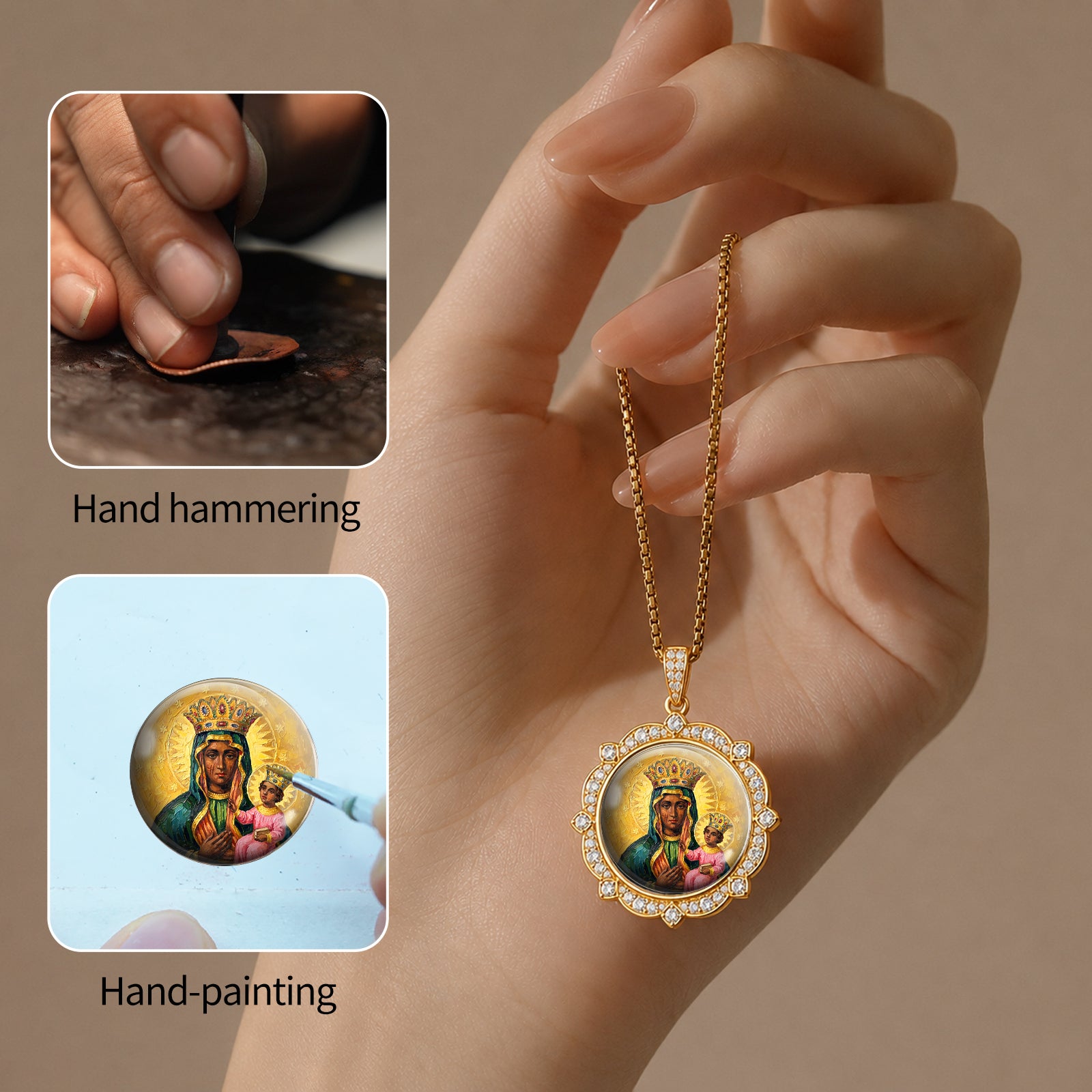 Black Madonna Enamel Pendant Necklace, 18K Gold Plated Virgin Mary Religious Jewelry