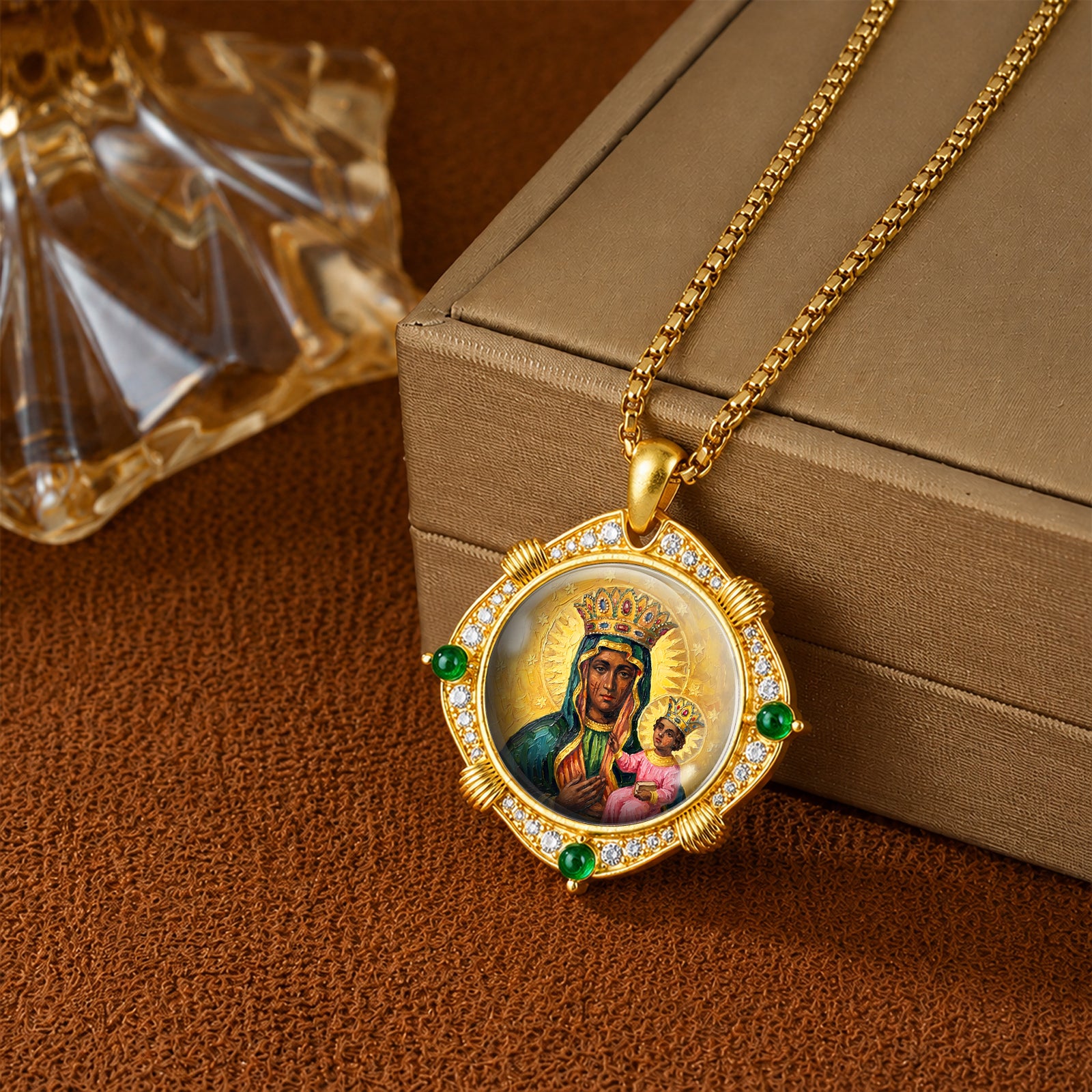 Black Madonna Enamel Pendant Necklace, 18K Gold Plated Virgin Mary Religious Jewelry