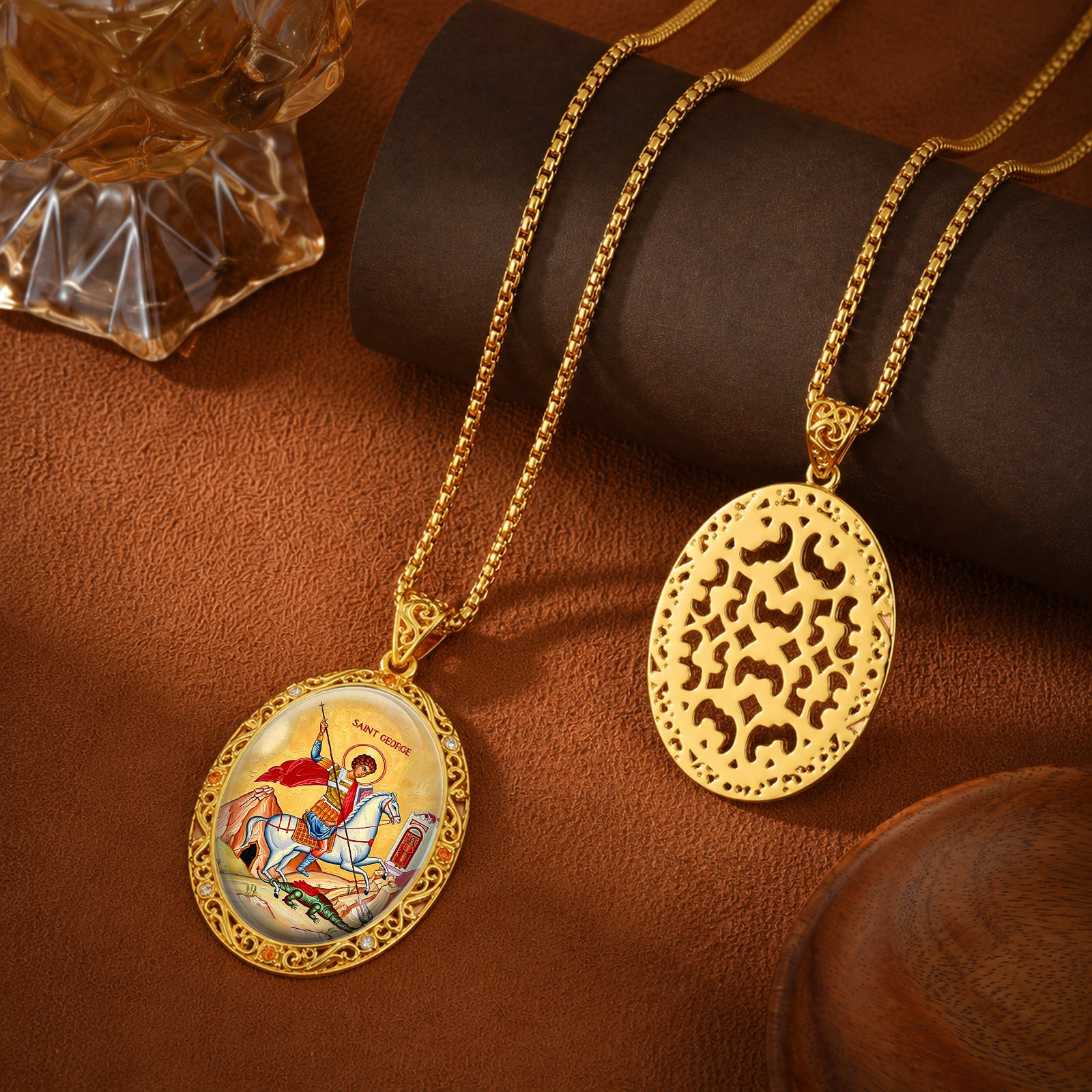 Saint George Medal Necklace, 18K Gold Plated Enamel Pendant, Catholic Christian Jewelry
