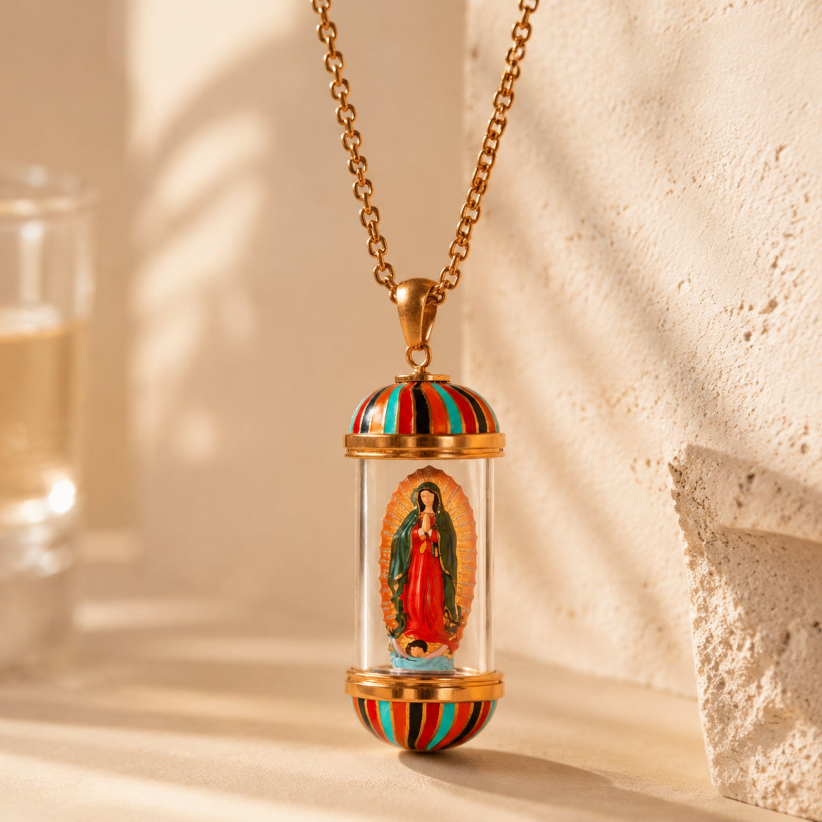18K Gold Plated Saint Miniature Necklace, Our Lady of Guadalupe Devotional Medal, Mary Magdalene necklace, Shimmering rainbow finish, Hand‑Painted Sacred Art Faith Jewelry for Men and Women