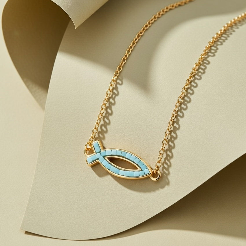 18K Gold-Plated Free Soul Ichthys Necklace,Religious Spiritual Jewelry for Men Women,Catholic Gifts