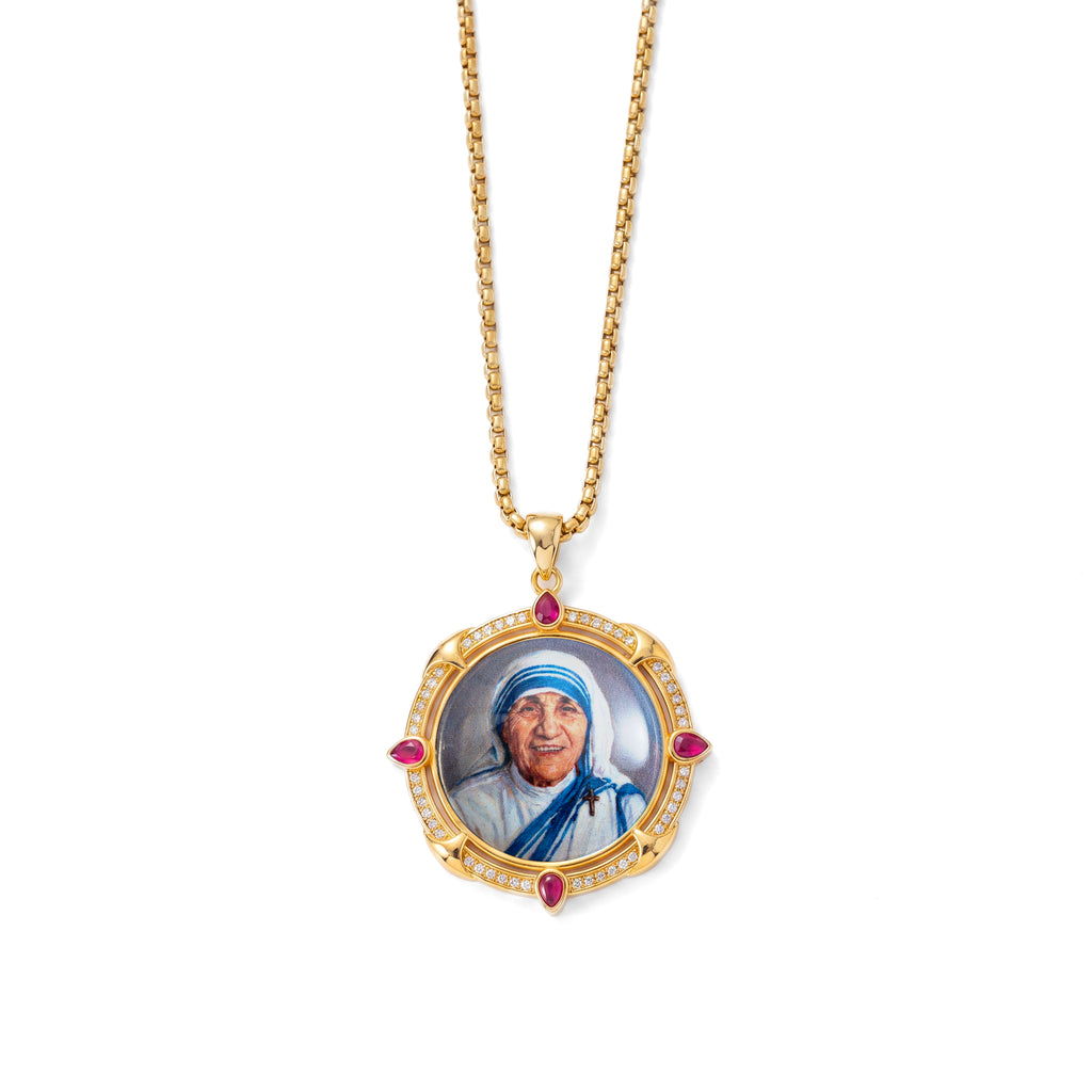 GIVELUCK 18k Plated Gold Enamel Pendant Ruby St.Teresa of Calcutta Protection Necklace for Men and Women