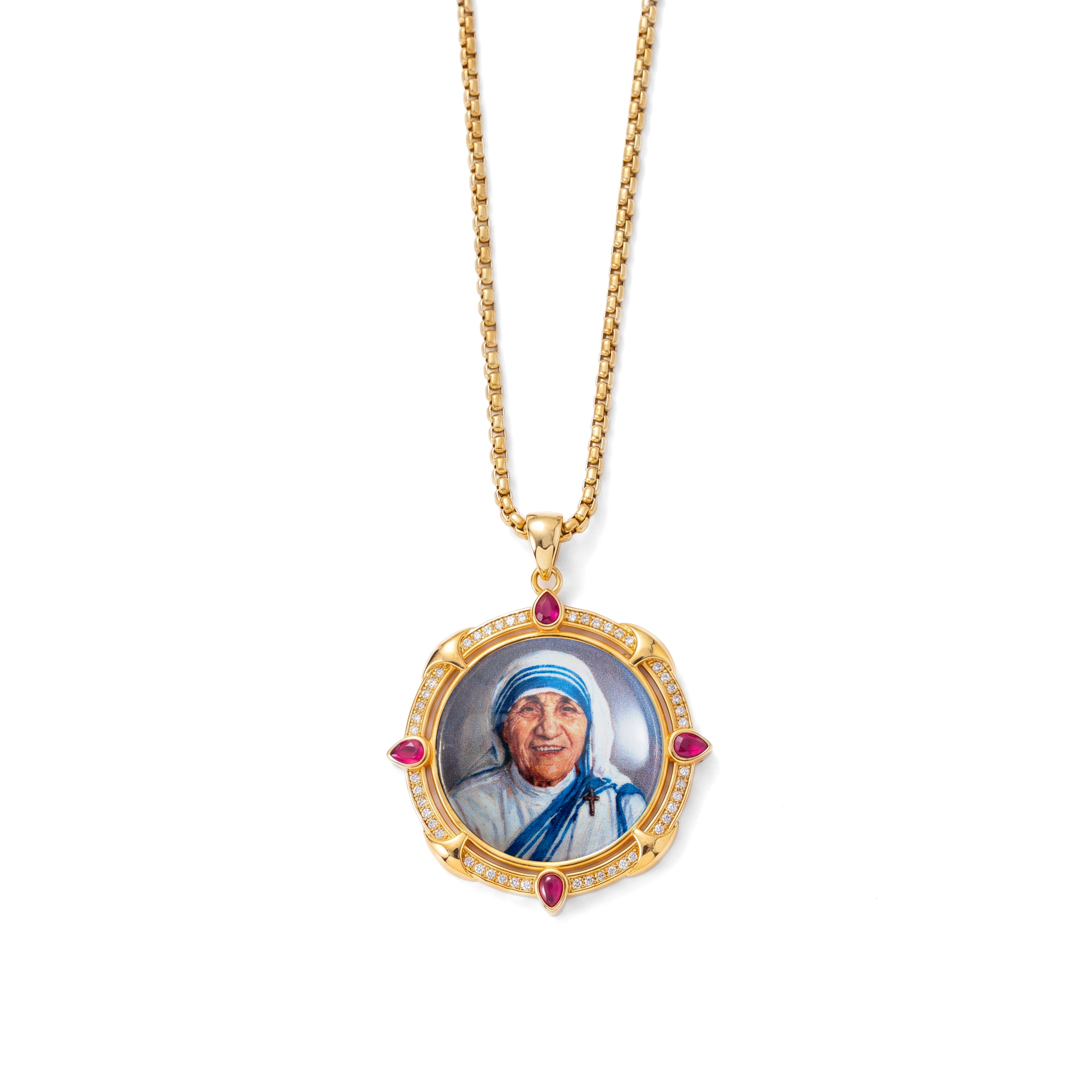 GIVELUCK 18k Plated Gold Enamel Pendant Ruby St.Teresa of Calcutta Protection Necklace for Men and Women
