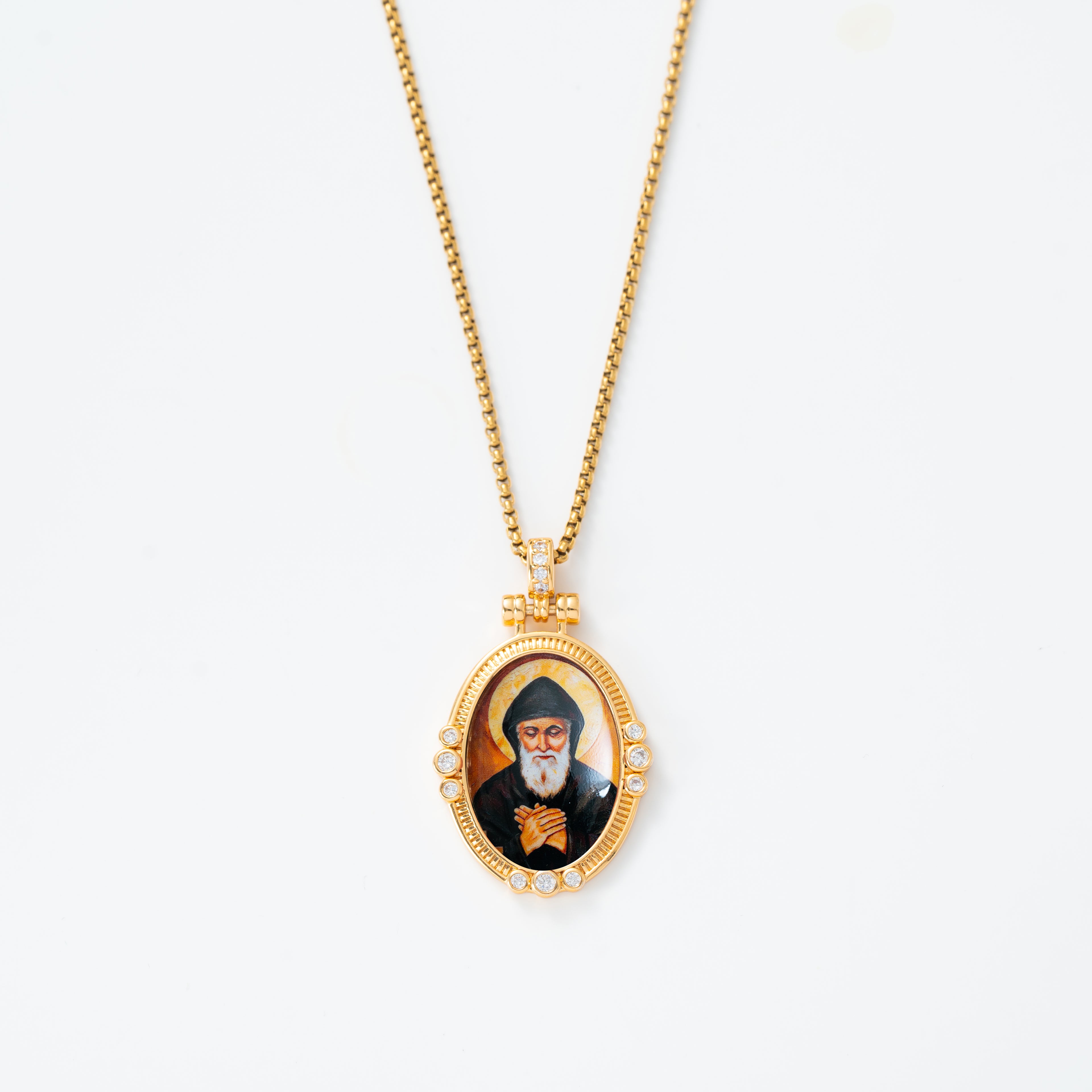 GIVELUCK 18k Plated Gold Pendant Necklace Enamel Eternal Halo St. Charbel Protection Necklace for Women and Men