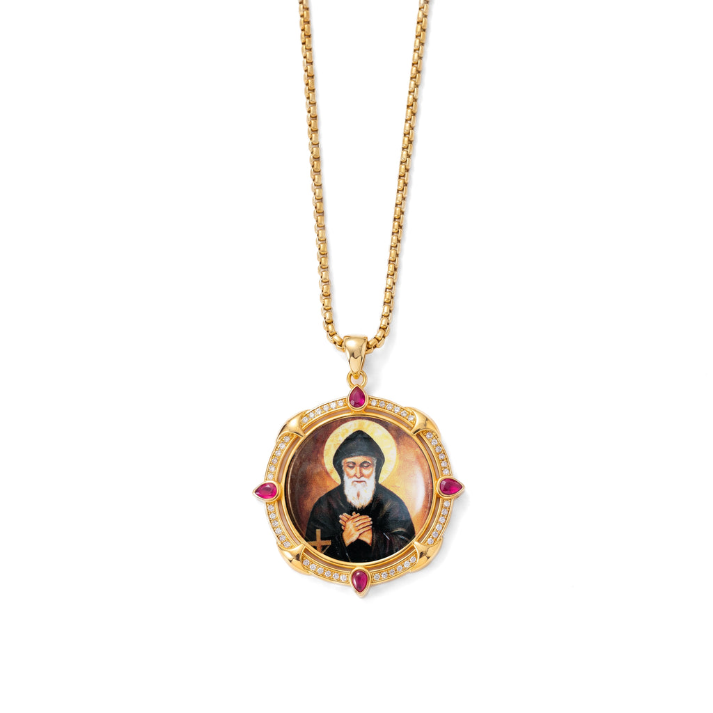 GIVELUCK 18k Plated Gold Catholic Saint Charbel Devotional Medal Enamel Pendant Necklace