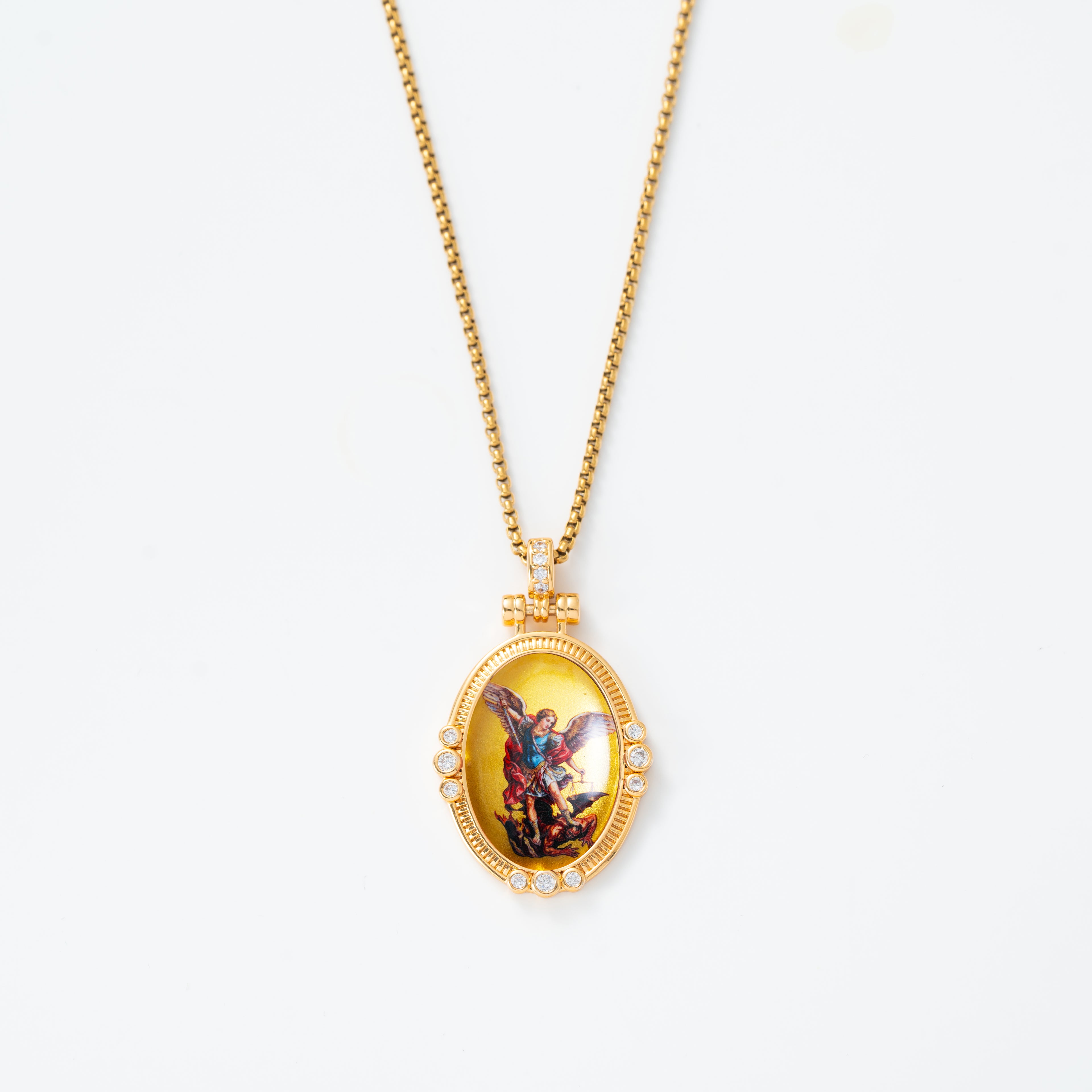 GIVELUCK 18k Plated Gold Pendant Necklace Enamel Eternal Halo St. Archangel Michael Protection Necklace for Women and Men