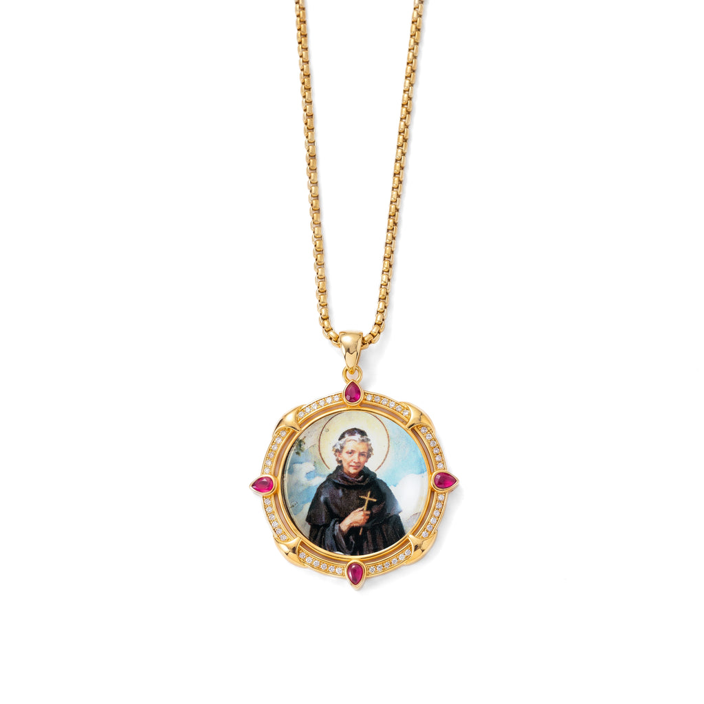 GIVELUCK 18k Plated Gold Enamel Pendant Ruby Protection Necklace Saint Peregrine Necklace for Men and Women