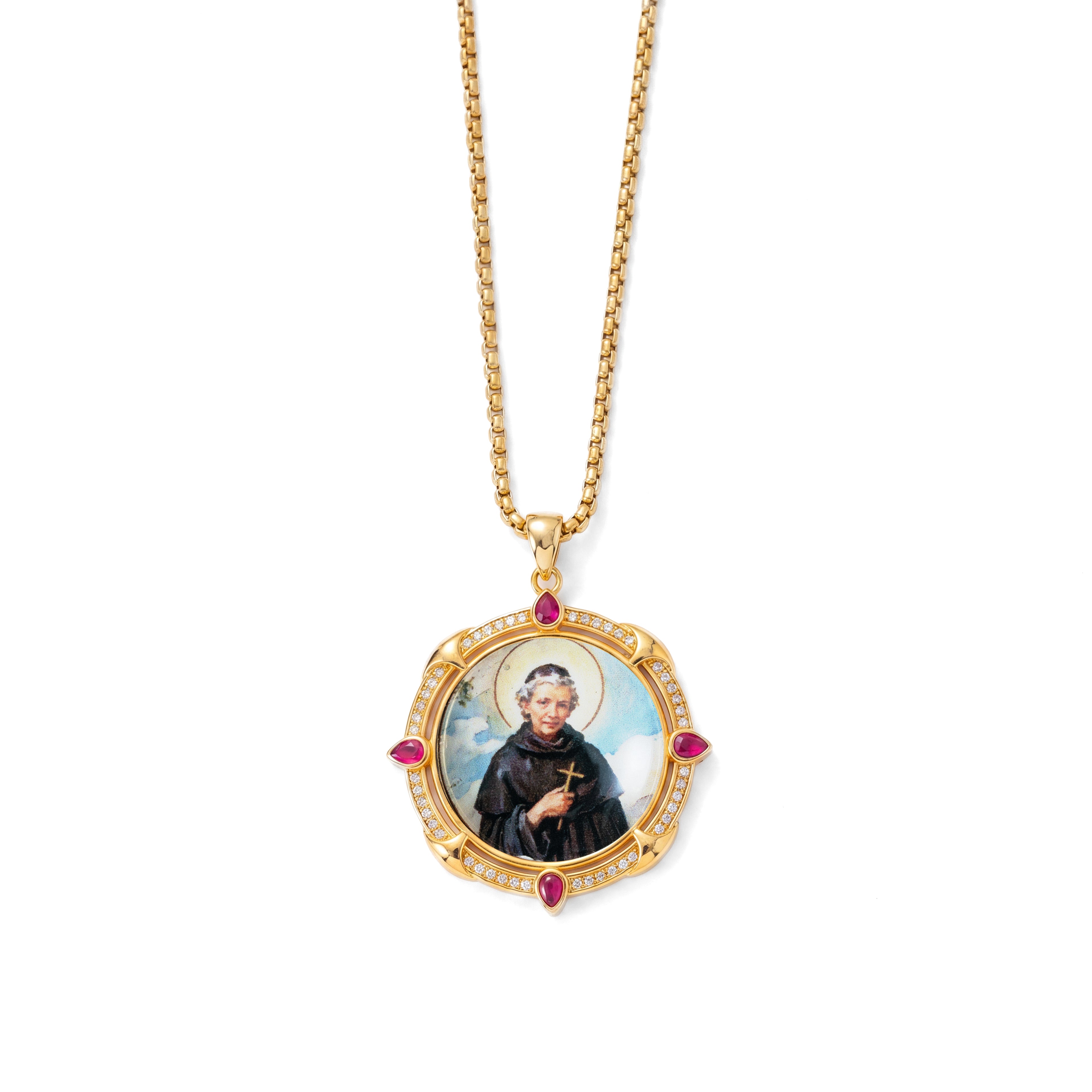 GIVELUCK 18k Plated Gold Enamel Pendant Ruby Protection Necklace Saint Peregrine Necklace for Men and Women