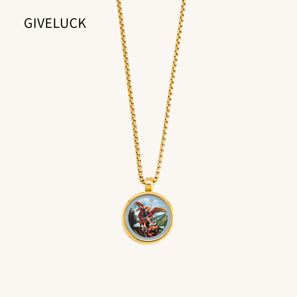 18k Plated Gold Pendant Necklace Cameo Embossing Catholic Medal Saint Michael the Archangel Protection Medal for Men and Women