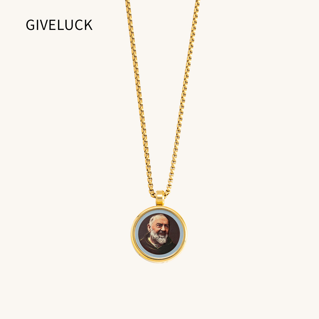18k Plated Gold Pendant Necklace Cameo Embossing Catholic Medal Saint Padre Pio Devotional Protection Medal for Men and Women