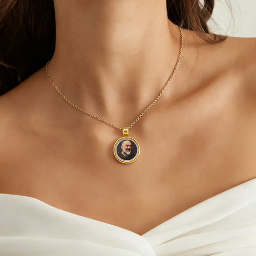 18k Plated Gold Pendant Necklace Cameo Embossing Catholic Medal Saint Padre Pio Devotional Protection Medal for Men and Women