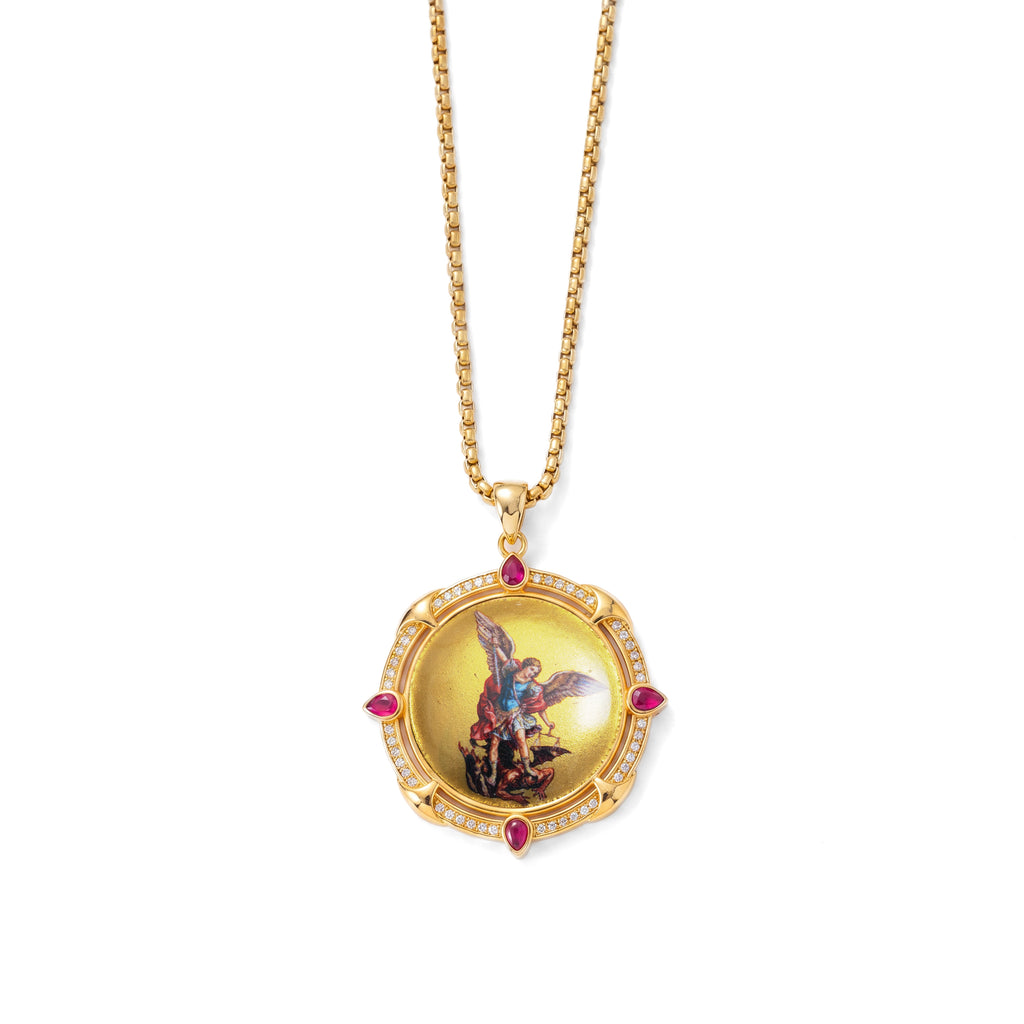 GIVELUCK 18k Plated Gold Enamel Pendant Necklace Catholic Medal Saint  Archangel Michael Necklace for Men and Women