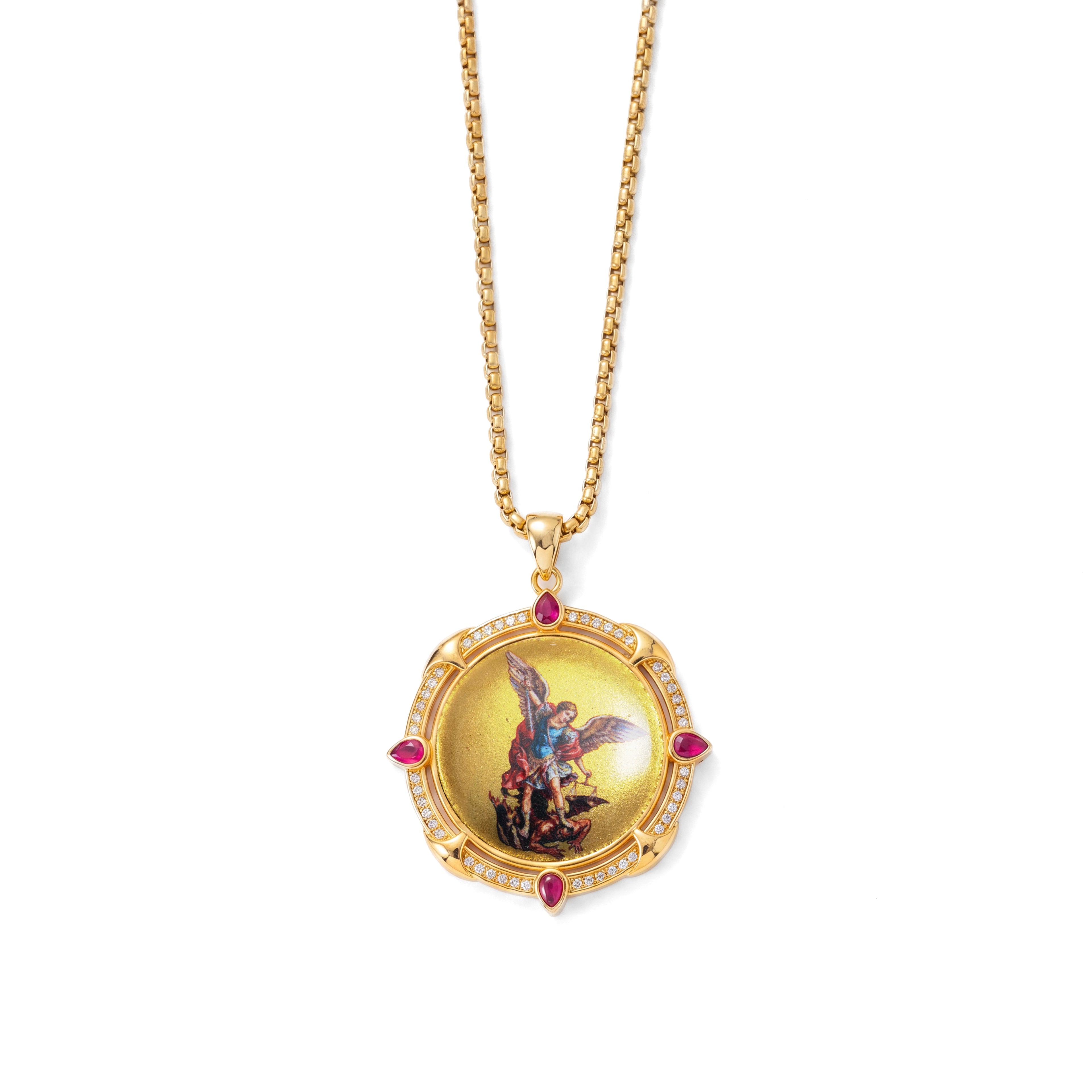 GIVELUCK 18k Plated Gold Enamel Pendant Necklace Catholic Medal Saint  Archangel Michael Necklace for Men and Women