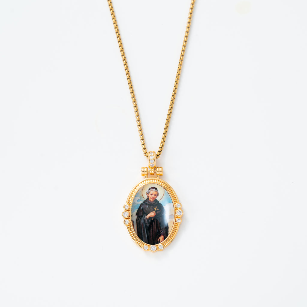 GIVELUCK 18k Plated Gold Pendant Necklace Enamel Eternal Halo Saint Peregrine Protection Necklace for Women and Men