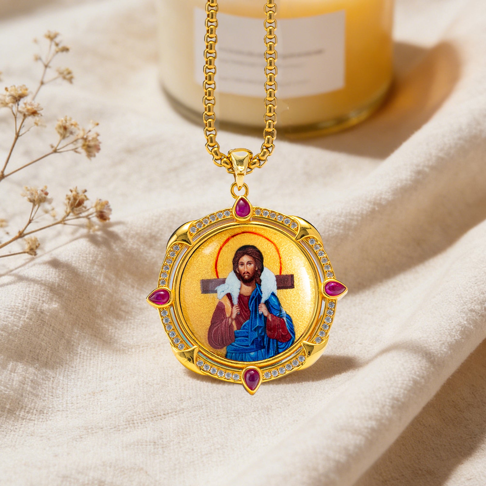 GIVELUCK 18k Plated Gold Pendant Necklace Enamel the Good Shepherd Jesus Christ Ruby Devotional Medal for Men and Women