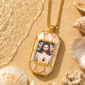Sacred Heart Jesus Necklace, Christ Pendant, 18K Gold Plated Catholic Jewelry, Turquoise or Mother of Pearl Inlay, Hand Painted Medal